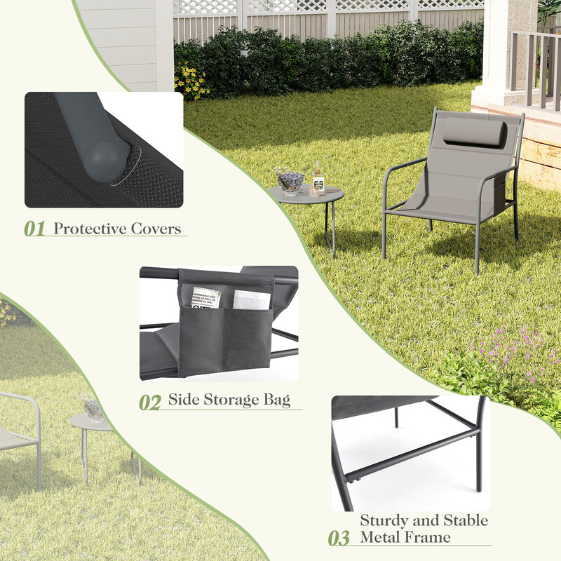 Udendørs balkon møbelsæt 2 ergonomiske metalstole med bord i grå