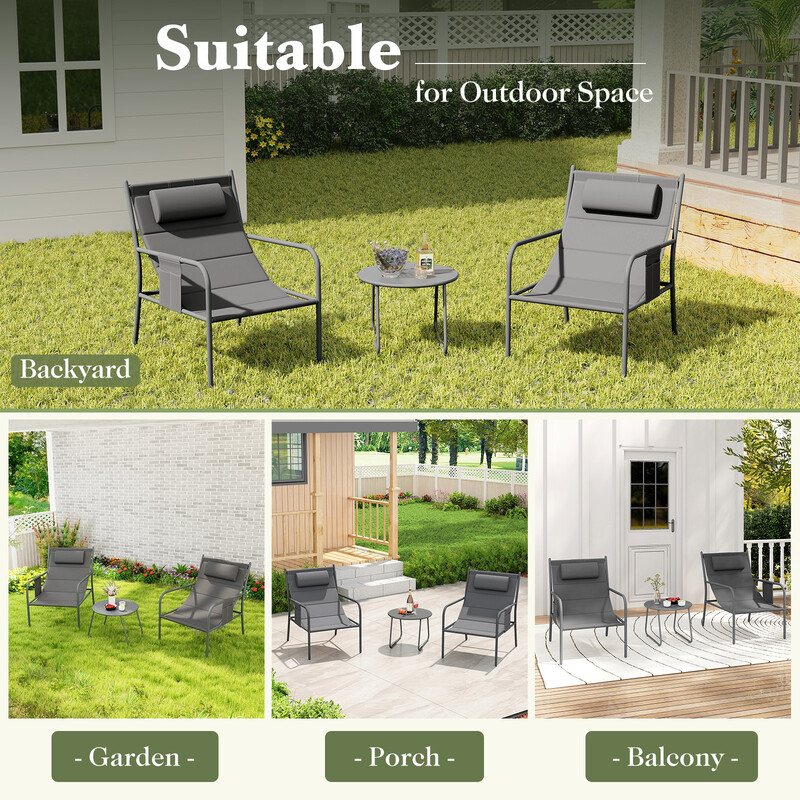 Udendørs balkon møbelsæt 2 ergonomiske metalstole med bord i grå