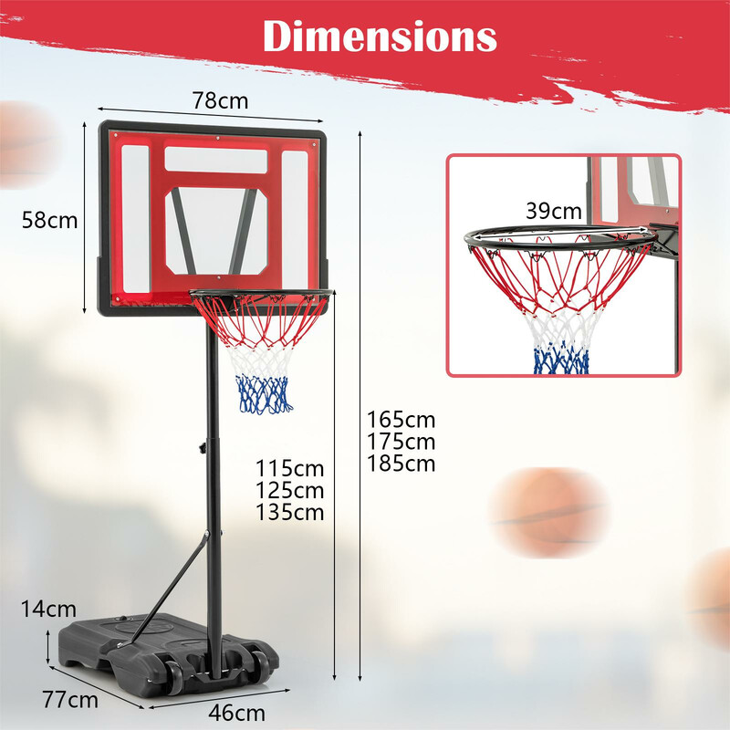 Basketballstativ justerbar højde HDPE-base transporthjul rød udendørs