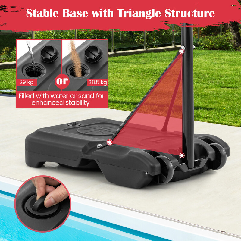 Basketballstativ justerbar højde HDPE-base transporthjul rød udendørs