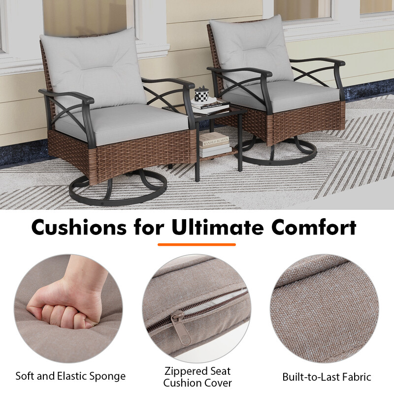 Rottingsæt brun PE-rotting med 2 gyngestole og glasbord til udendørs terrasse