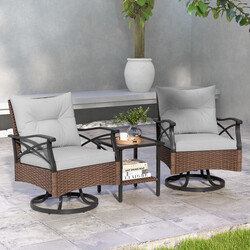 Rottingsæt brun PE-rotting med 2 gyngestole og glasbord til udendørs terrasse