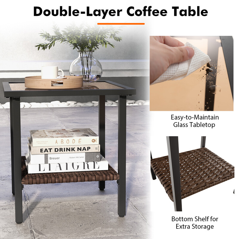 Rottingsæt brun PE-rotting med 2 gyngestole og glasbord til udendørs terrasse