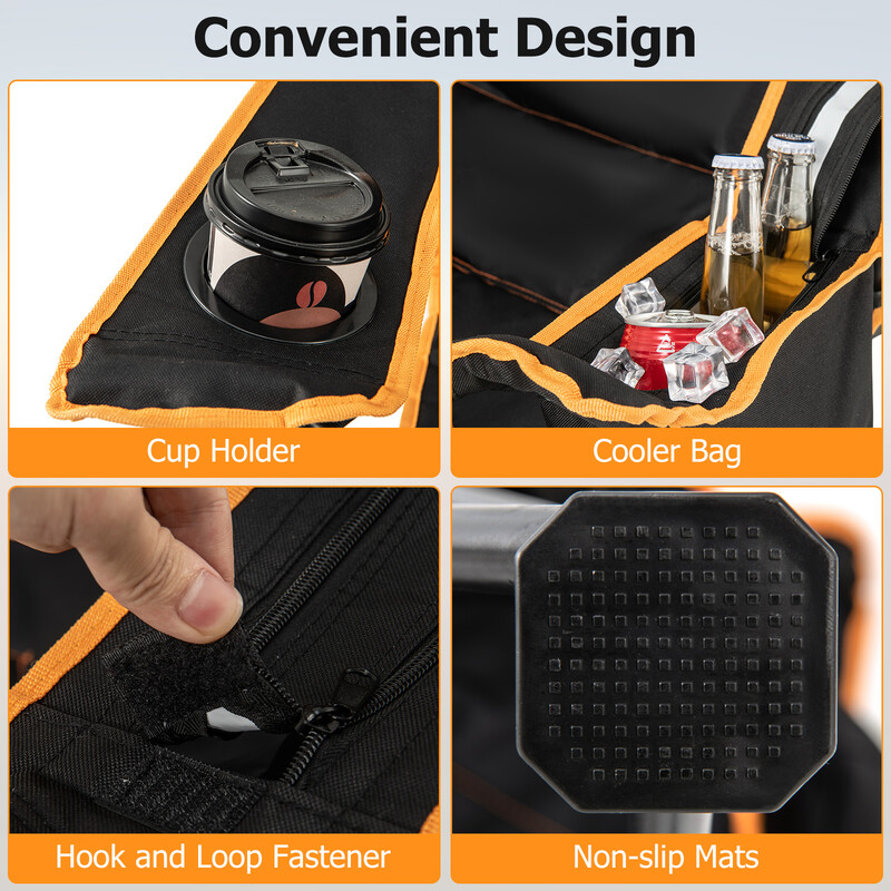 Campingstol sort 600D oxford sammenklappelig med aftagelig fodstøtte og køletaske