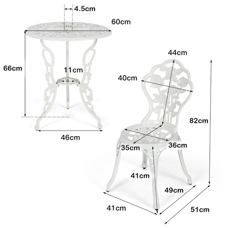 Bistrobordsæt i støbejern og støbaluminium patina bord 60 cm og 2 stole