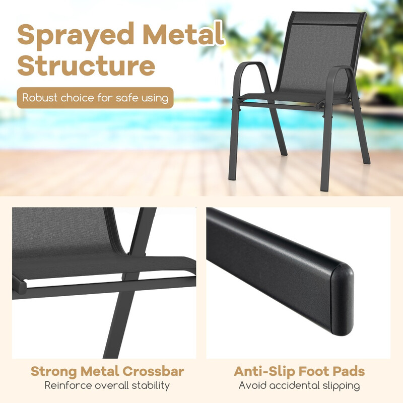 2 stk stapelbare terrassestole i blå stof og metalramme til udendørs brug