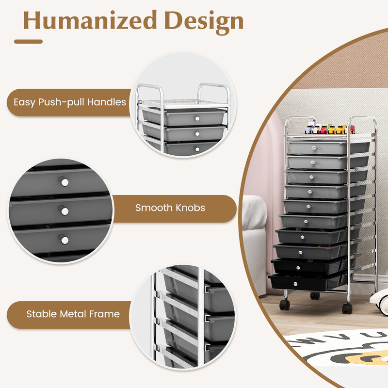 Rullvogn sort med 10 plastkasser 33x37x86 cm låsbare hjul