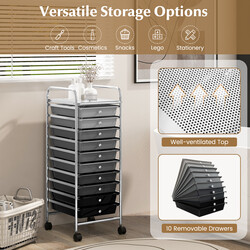 Rullvogn sort med 10 plastkasser 33x37x86 cm låsbare hjul