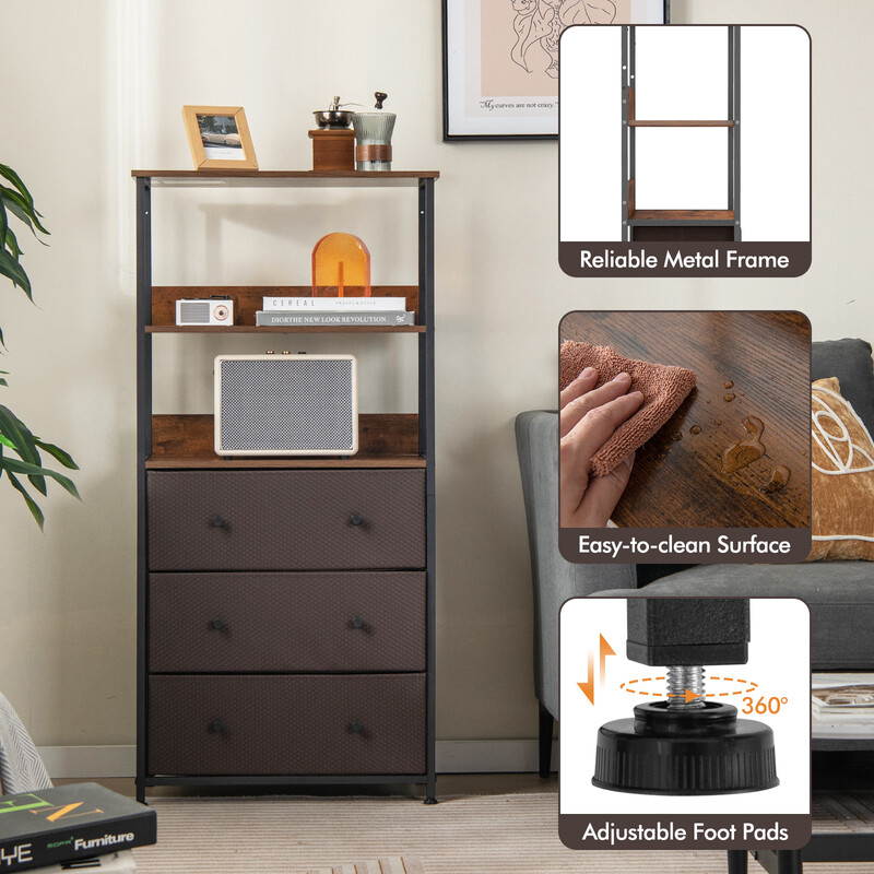 Opbevaringsskab brun 56x30x117 cm med 3 skuffer og 3 åbne hylder