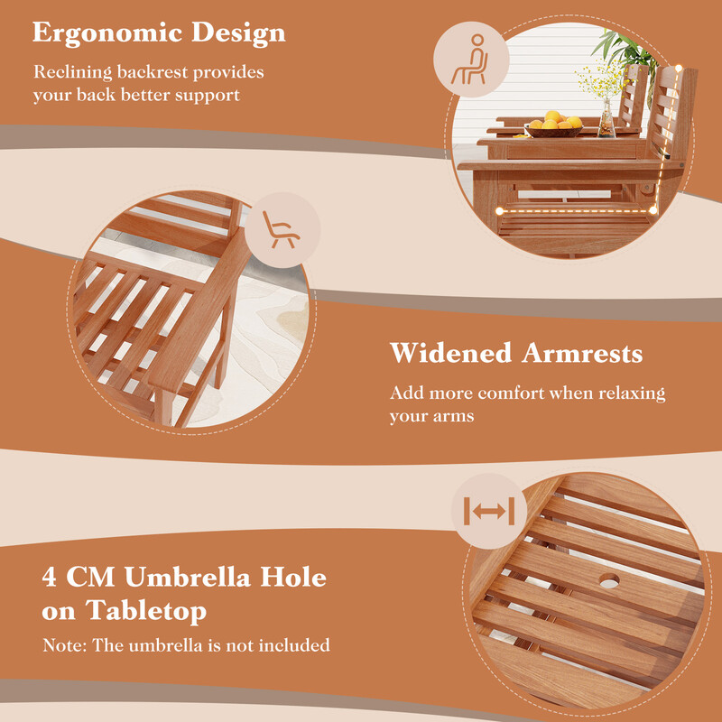 Udendørs møbelgruppe i træ 159x61x88 cm til terrasse med kaffebord og parasolhul