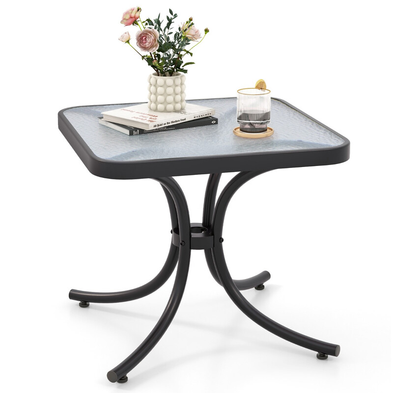 Sidebord i sort metal og hærdet glas til udendørs brug 50x50x45 cm