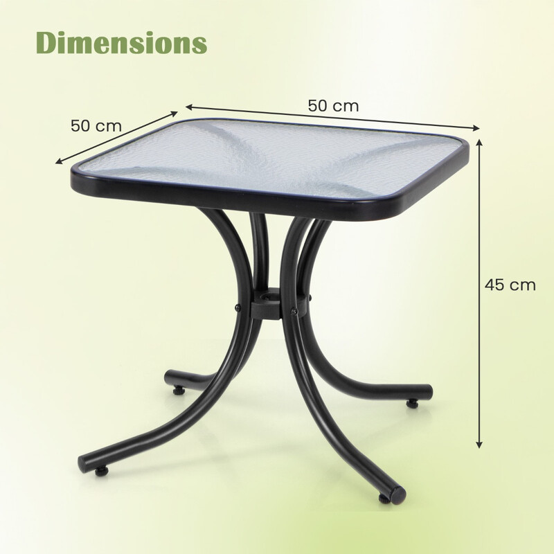 Sidebord i sort metal og hærdet glas til udendørs brug 50x50x45 cm