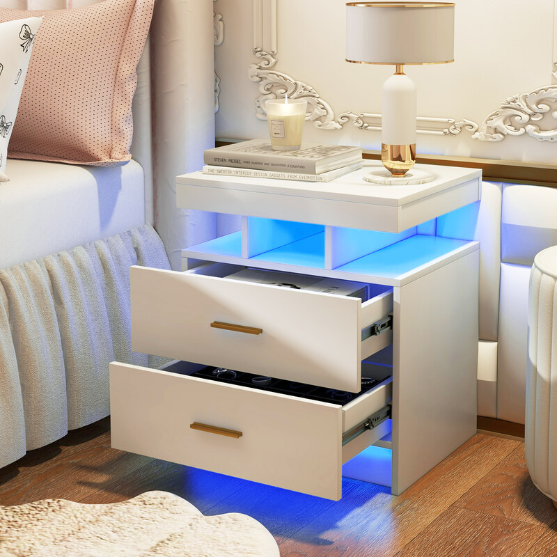 Sengebord med LED-belysning to skuffer hvid højblank 50x40x58 cm
