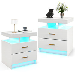 Sengebord med LED-belysning to skuffer hvid højblank 50x40x58 cm