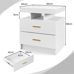 Sengebord med LED-belysning to skuffer hvid højblank 50x40x58 cm