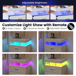 Sengebord med LED-belysning to skuffer hvid højblank 50x40x58 cm