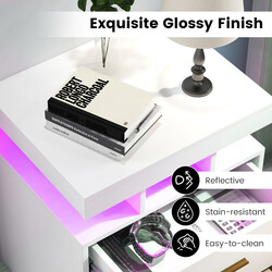 Sengebord med LED-belysning to skuffer hvid højblank 50x40x58 cm