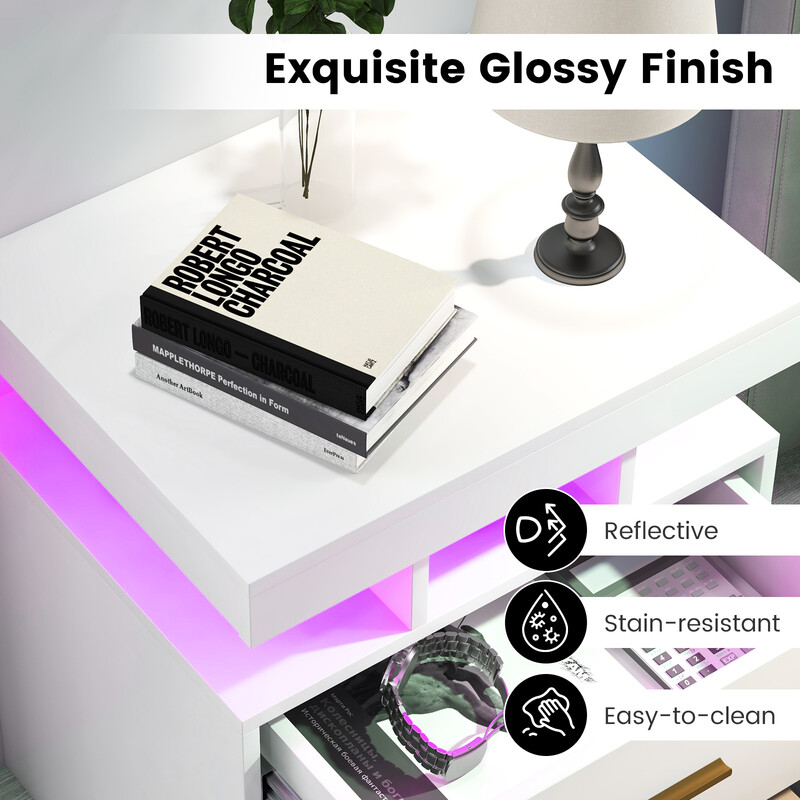 Sengebord med LED-belysning to skuffer hvid højblank 50x40x58 cm