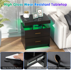 Natbord hvid højblank med LED-belysning og to skuffer 50x40x58 cm