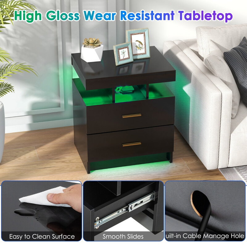 Natbord hvid højblank med LED-belysning og to skuffer 50x40x58 cm