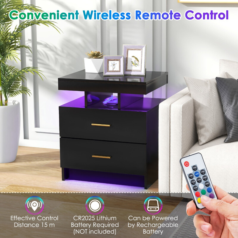 Natbord hvid højblank med LED-belysning og to skuffer 50x40x58 cm