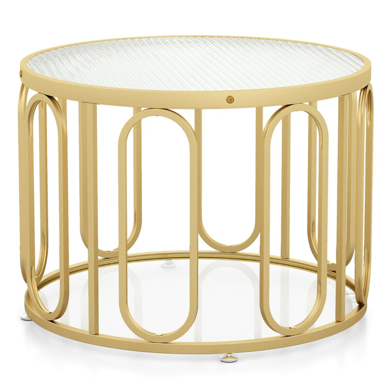 Rundt sofabord i hærdet glas og guldmetal 60x60 cm med to hylder