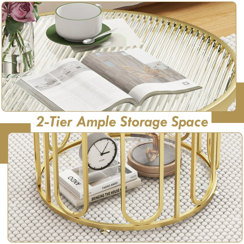 Rundt sofabord i hærdet glas og guldmetal 60x60 cm med to hylder