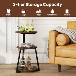 Rundt sidebord med metalramme og tre hylder justerbare fødder 40x38x62 cm