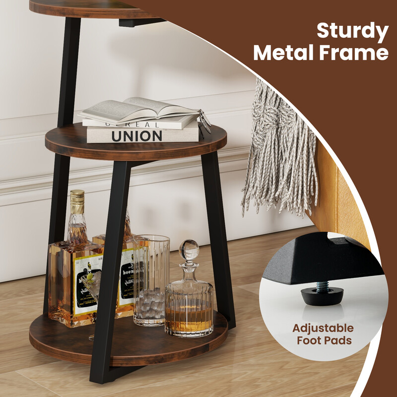 Rundt sidebord med metalramme og tre hylder justerbare fødder 40x38x62 cm