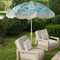 Parasol 180 cm polyester UPF50+ justerbar med frynser og bæretaske