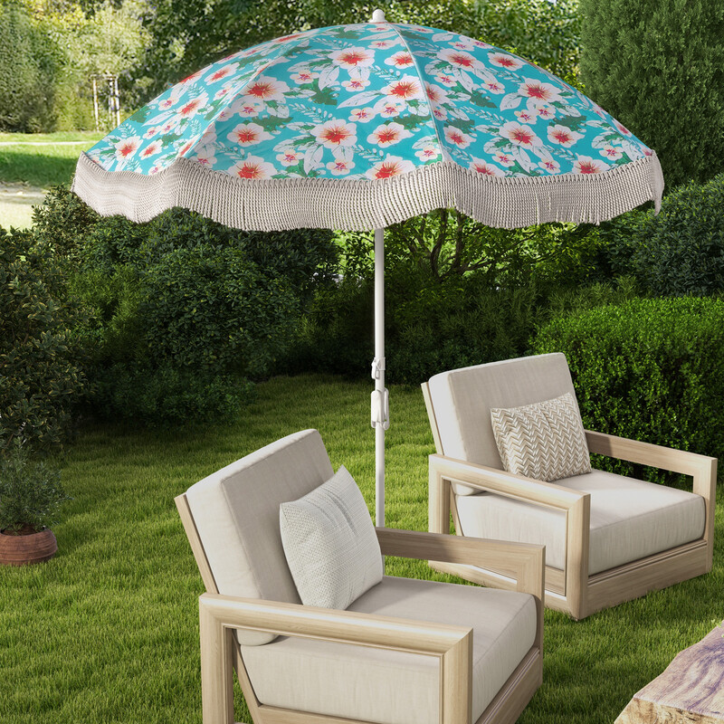 Parasol 180 cm polyester UPF50+ justerbar med frynser og bæretaske