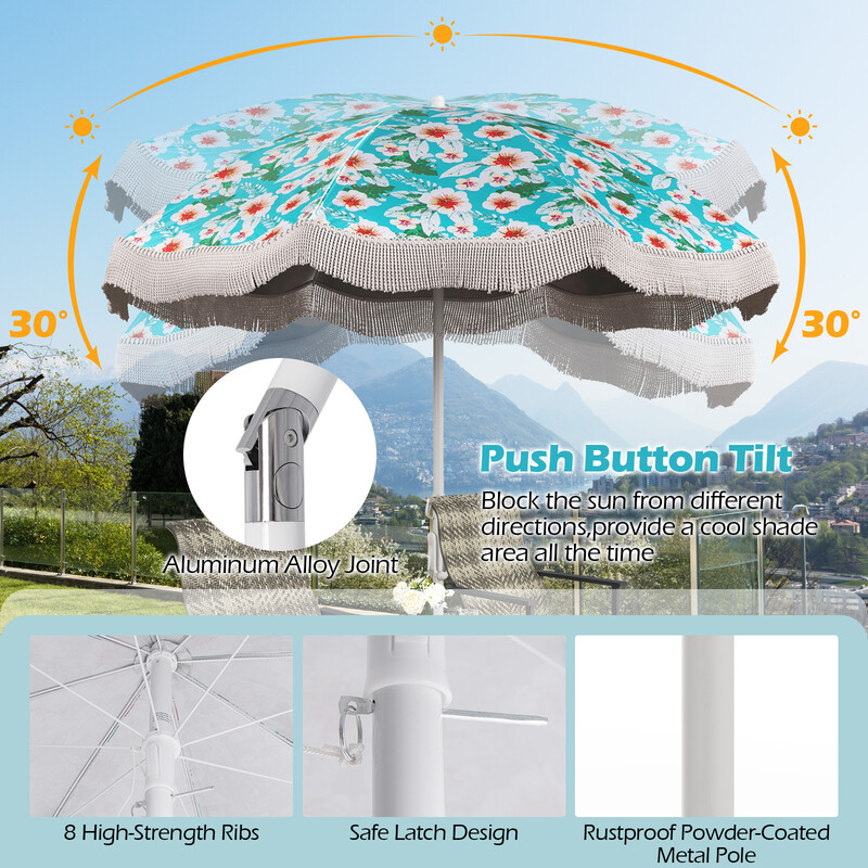 Parasol 180 cm polyester UPF50+ justerbar med frynser og bæretaske