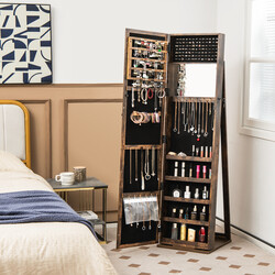 Smykkeskab MDF brun 38x38x157 cm med helkropsspejl og indbygget spejl låst