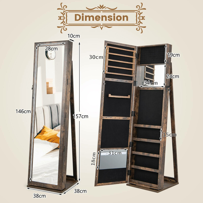 Smykkeskab MDF brun 38x38x157 cm med helkropsspejl og indbygget spejl låst