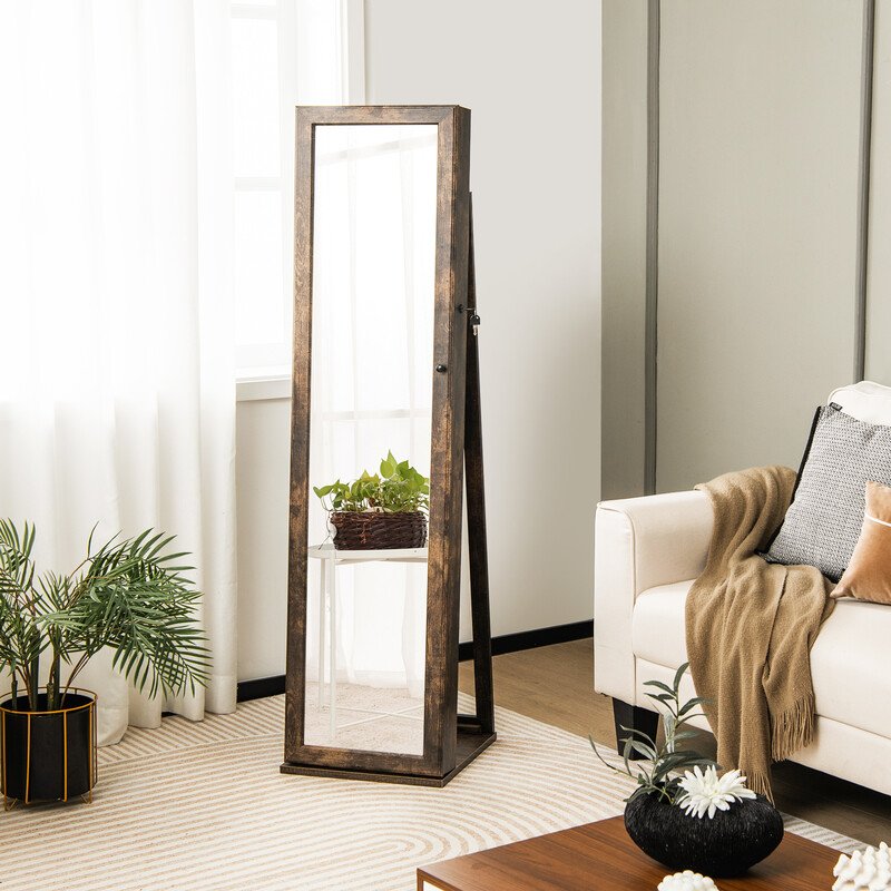 Smykkeskab MDF brun 38x38x157 cm med helkropsspejl og indbygget spejl låst