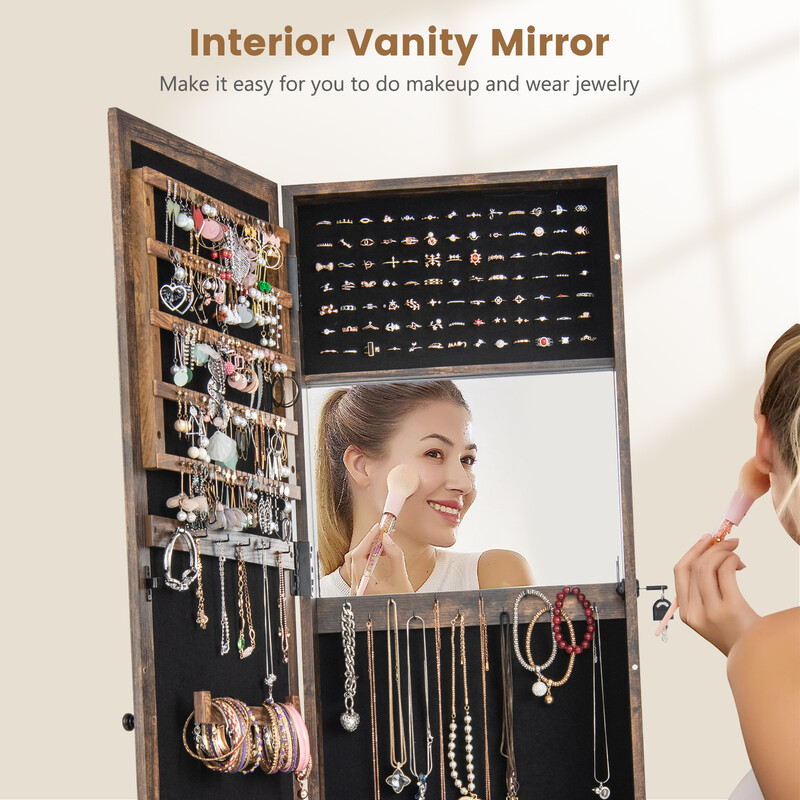 Smykkeskab MDF brun 38x38x157 cm med helkropsspejl og indbygget spejl låst