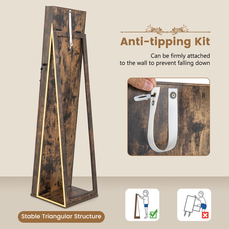 Smykkeskab MDF brun 38x38x157 cm med helkropsspejl og indbygget spejl låst