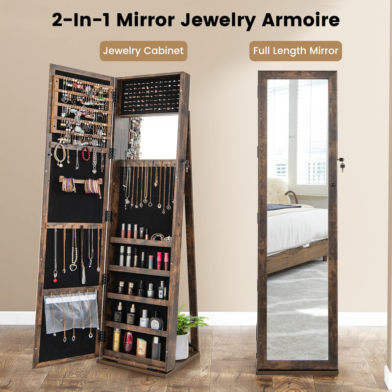 Smykkeskab MDF brun 38x38x157 cm med helkropsspejl og indbygget spejl låst
