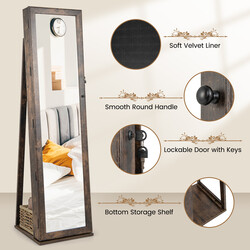 Smykkeskab MDF brun 38x38x157 cm med helkropsspejl og indbygget spejl låst