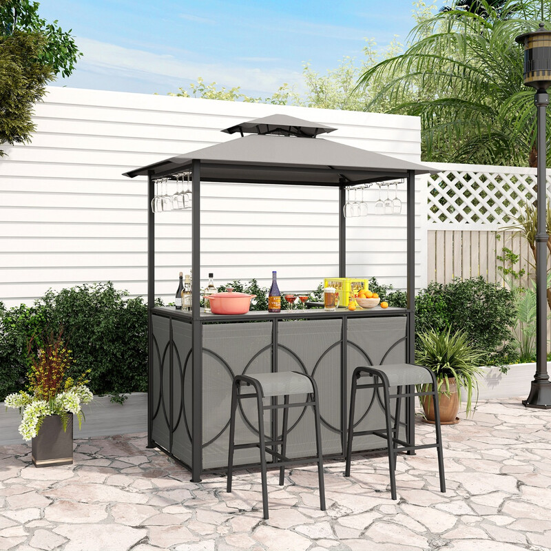 Grillpavillon med barbord 2 barstole metalram grå 194x121x242 cm
