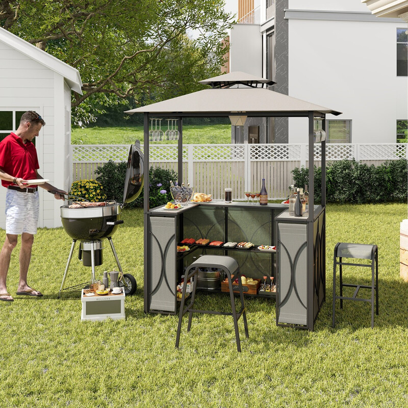 Grillpavillon med barbord 2 barstole metalram grå 194x121x242 cm