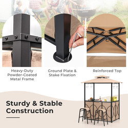 Grillpavillon med metalram barbord 2 barpaller dobbelt tag grå