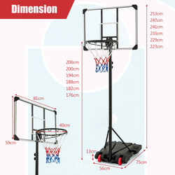 Basketballstativ justerbar højde 176-206 cm sort backboard udendørs