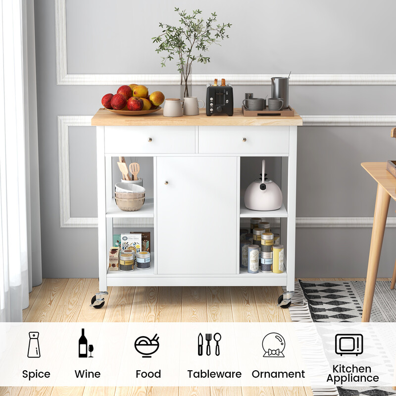 Køkkenvogn grå gummitræ 99x46x90 cm med hjul skuffer hylder