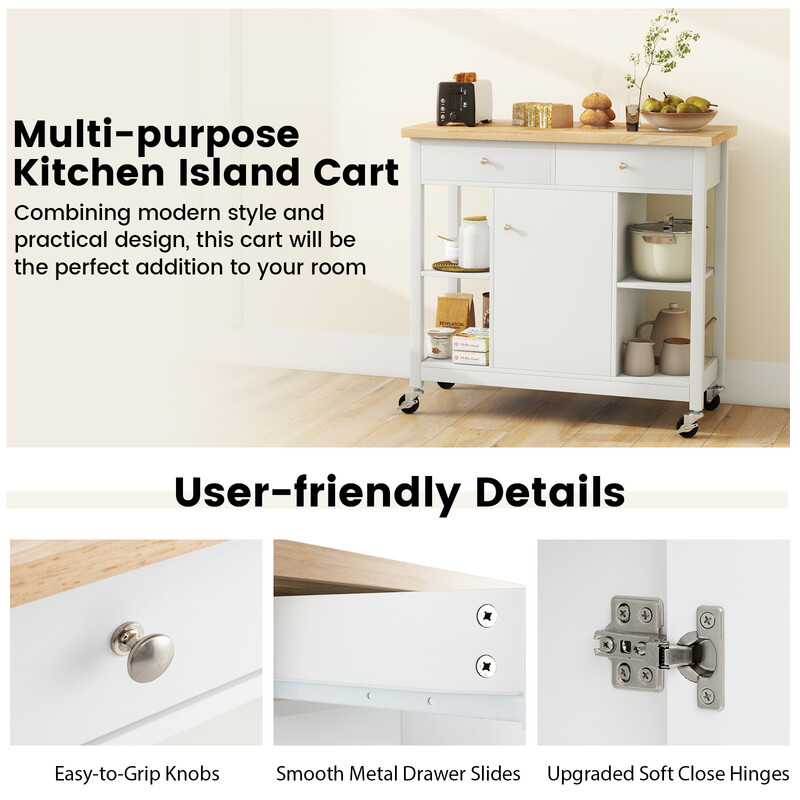 Køkkenvogn grå gummitræ 99x46x90 cm med hjul skuffer hylder