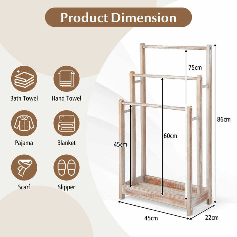 Fritstående håndklædestativ i gran brun 45x22x86 cm tre stænger med hylde