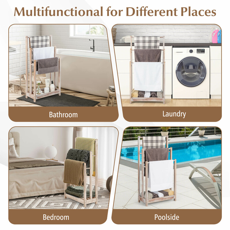 Fritstående håndklædestativ i gran brun 45x22x86 cm tre stænger med hylde