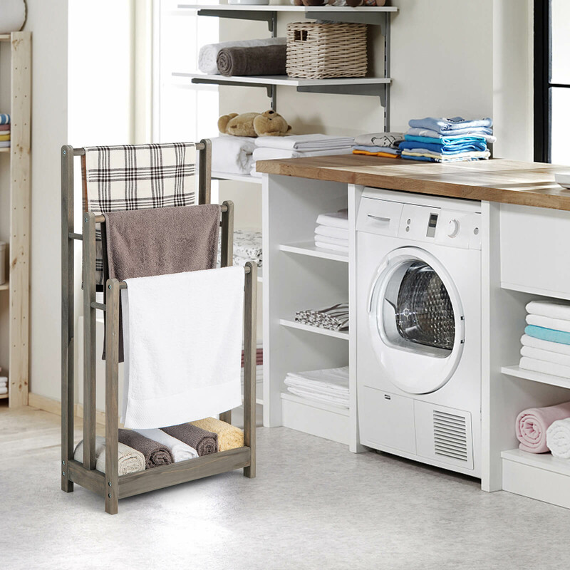 Fritstående håndklædestativ i gran 45x22x86 cm med tre stænger og hylde