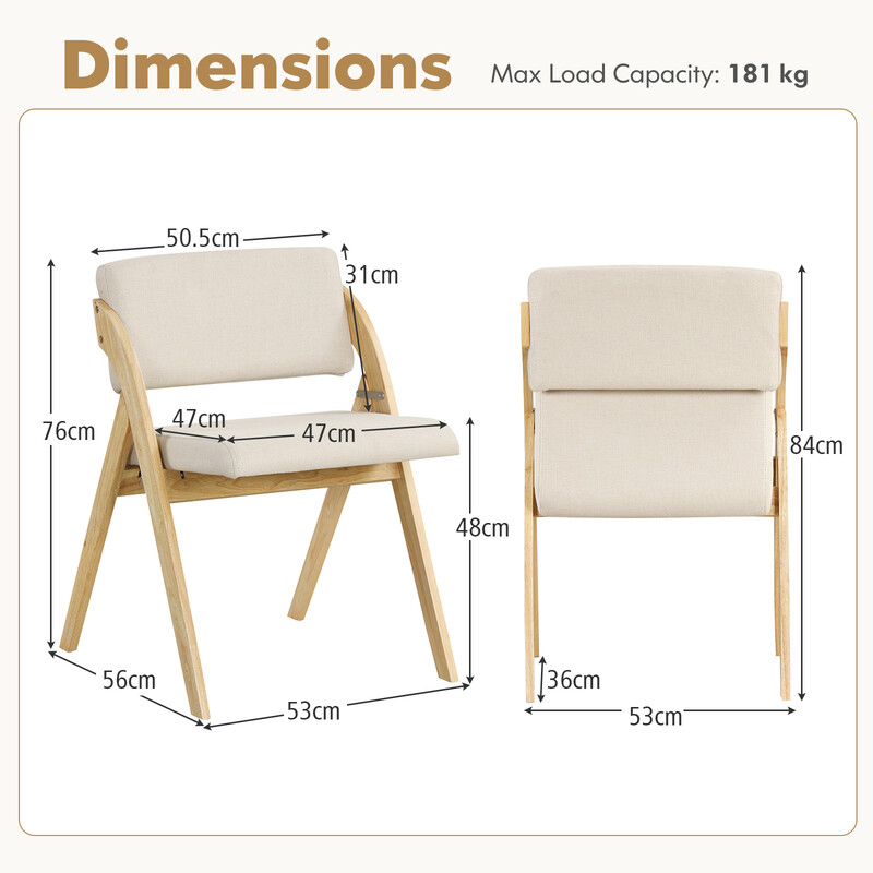 2 stk spisestole med gummistænger polstret sæde foldbare naturlig