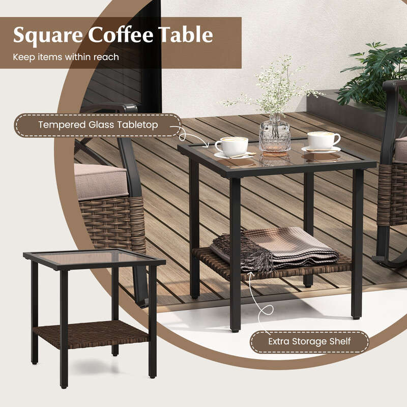 Udendørs møbelsæt i brun PE-rotting med 2 gyngestole og bord til balkon